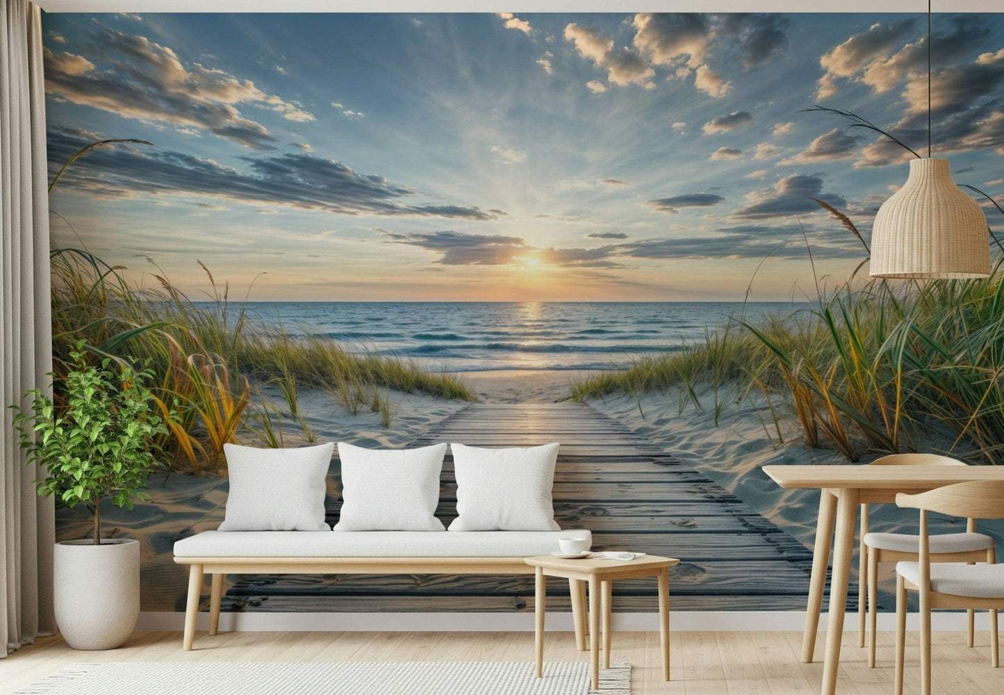 Coastal Path Serenity wall mural of a sunlit dune path behind a wood bench with white cushions and rattan pendant