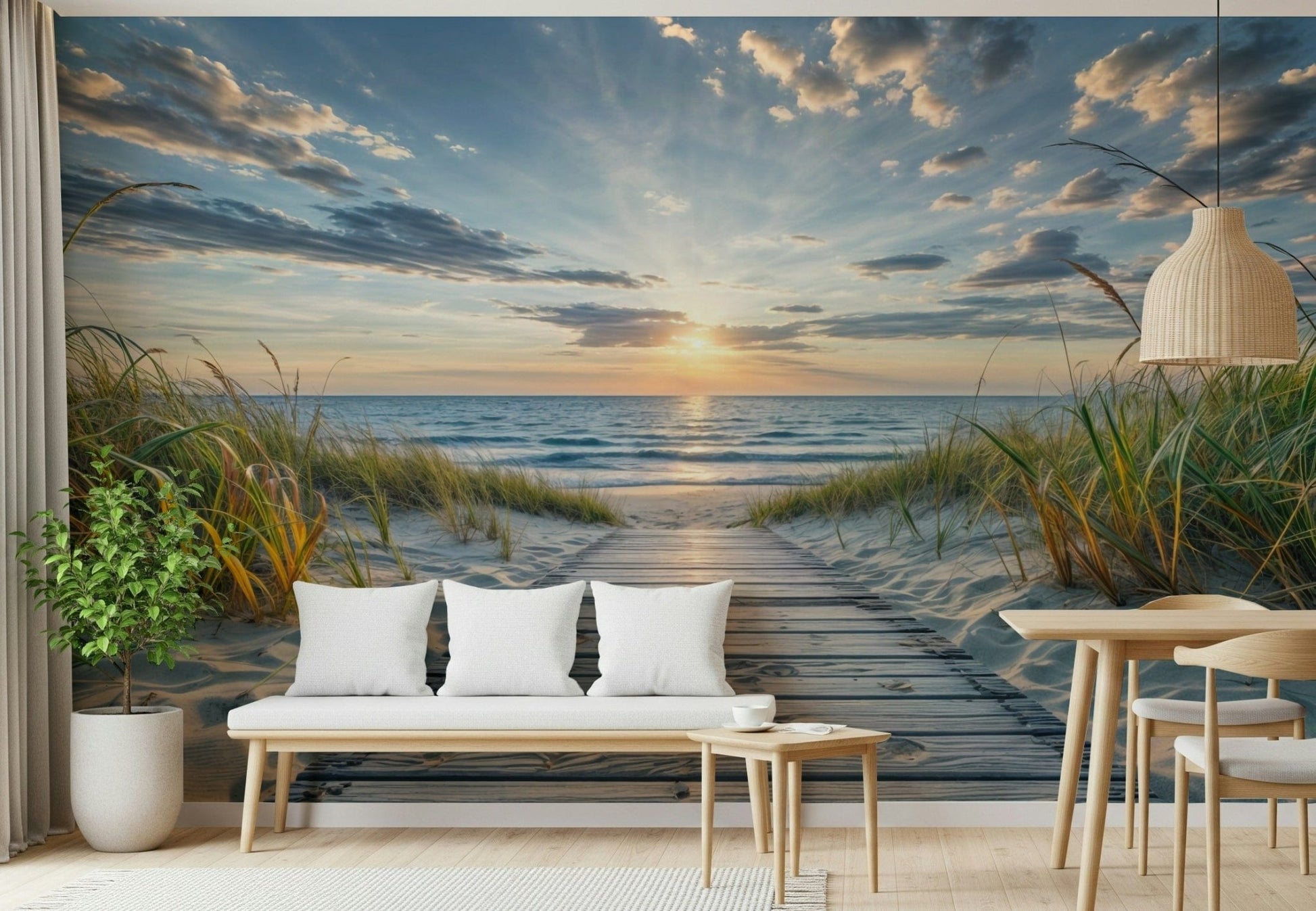 Coastal Path Serenity wall mural of a sunlit dune path behind a wood bench with white cushions and rattan pendant