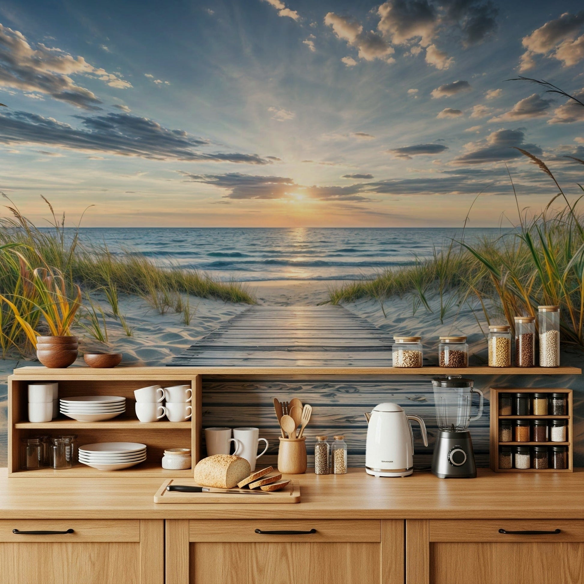 Coastal Path Serenity wall mural of a beach path and ocean sunset above a wood kitchen counter with dishes and a kettle