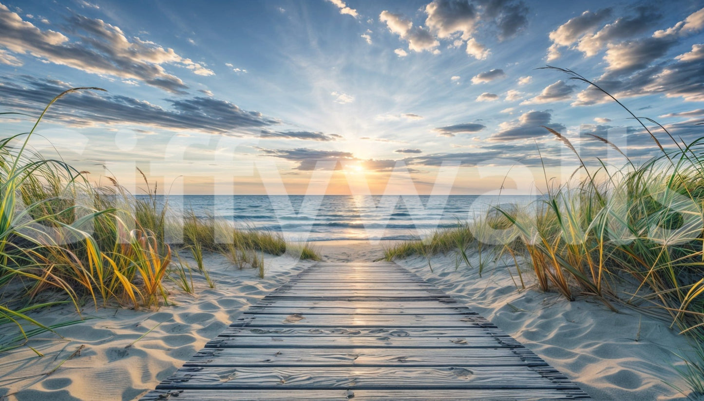 Coastal Path Serenity wall mural shown as a full-wall mural of a wooden boardwalk through dune grass to a sunrise sea