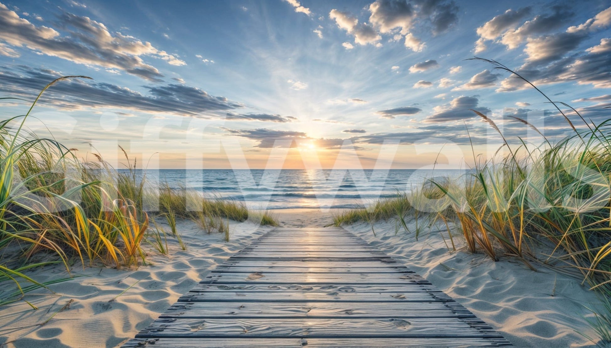Coastal Path Serenity wall mural shown as a full-wall mural of a wooden boardwalk through dune grass to a sunrise sea