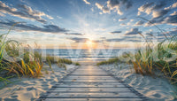 Coastal Path Serenity wall mural shown as a full-wall mural of a wooden boardwalk through dune grass to a sunrise sea