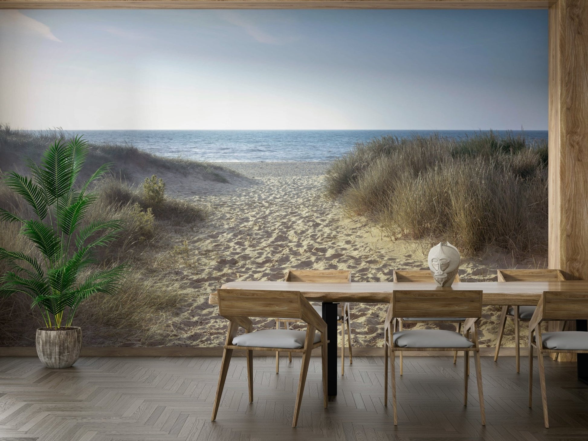 Serene coastal view mural for a peaceful beach-inspired room.


