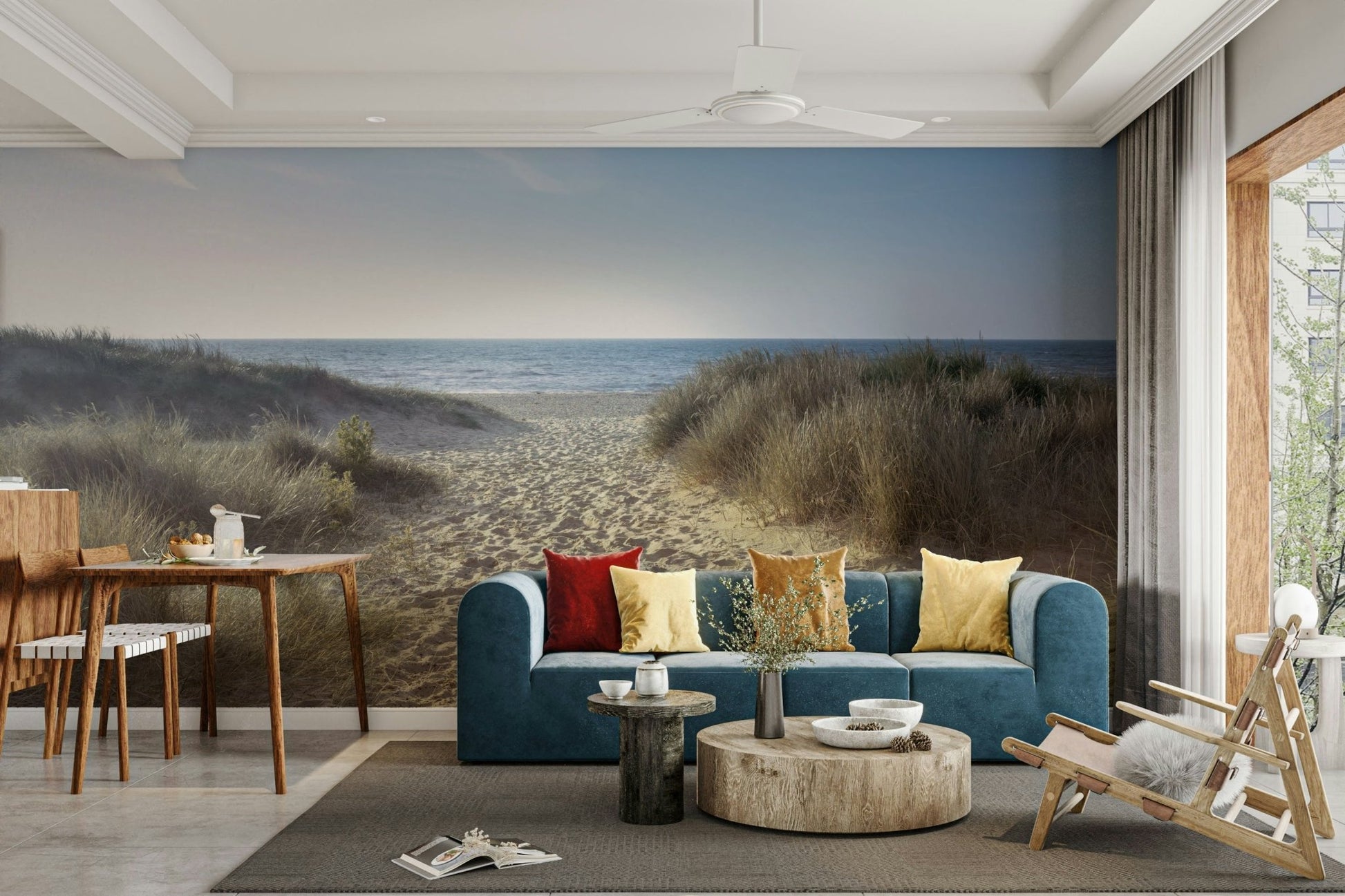 Coastal serenity mural with a sandy path leading to the ocean.


