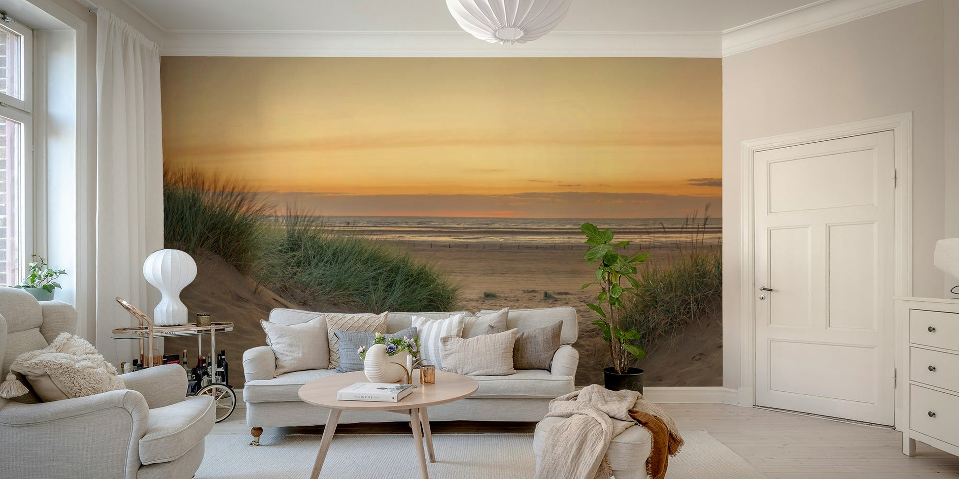 Beach mural with dune grass and soft sky for relaxing interiors.

