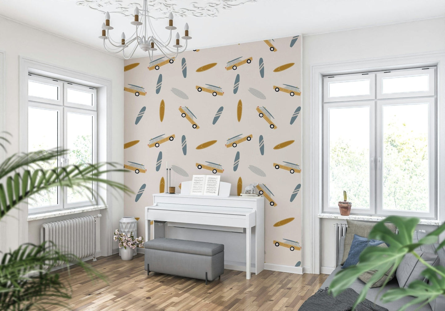 A coastal adventure wallpaper with repeating surfboards and vintage road-trip vehicle shapes.