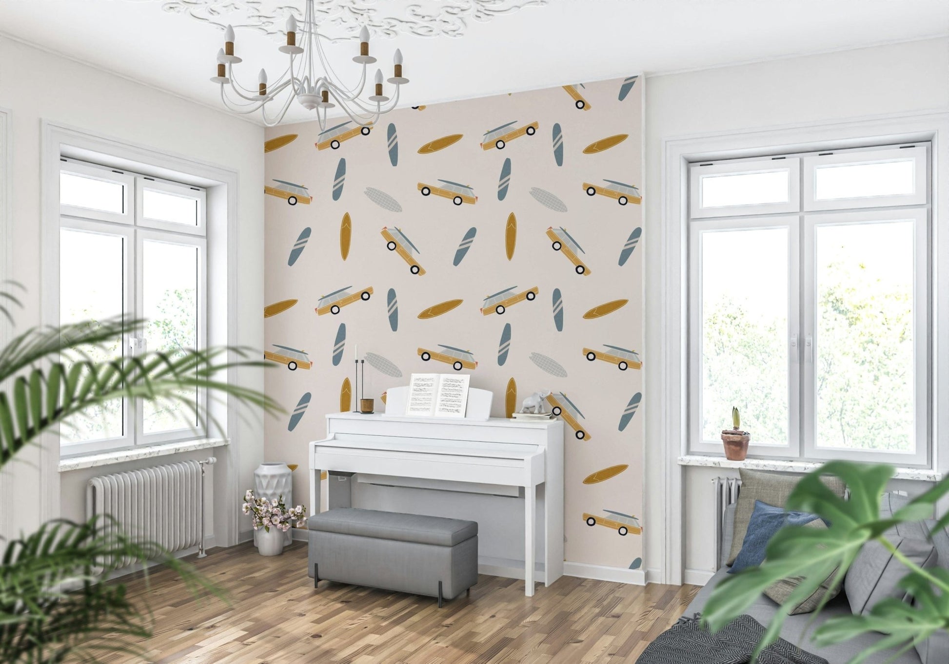 A coastal adventure wallpaper with repeating surfboards and vintage road-trip vehicle shapes.