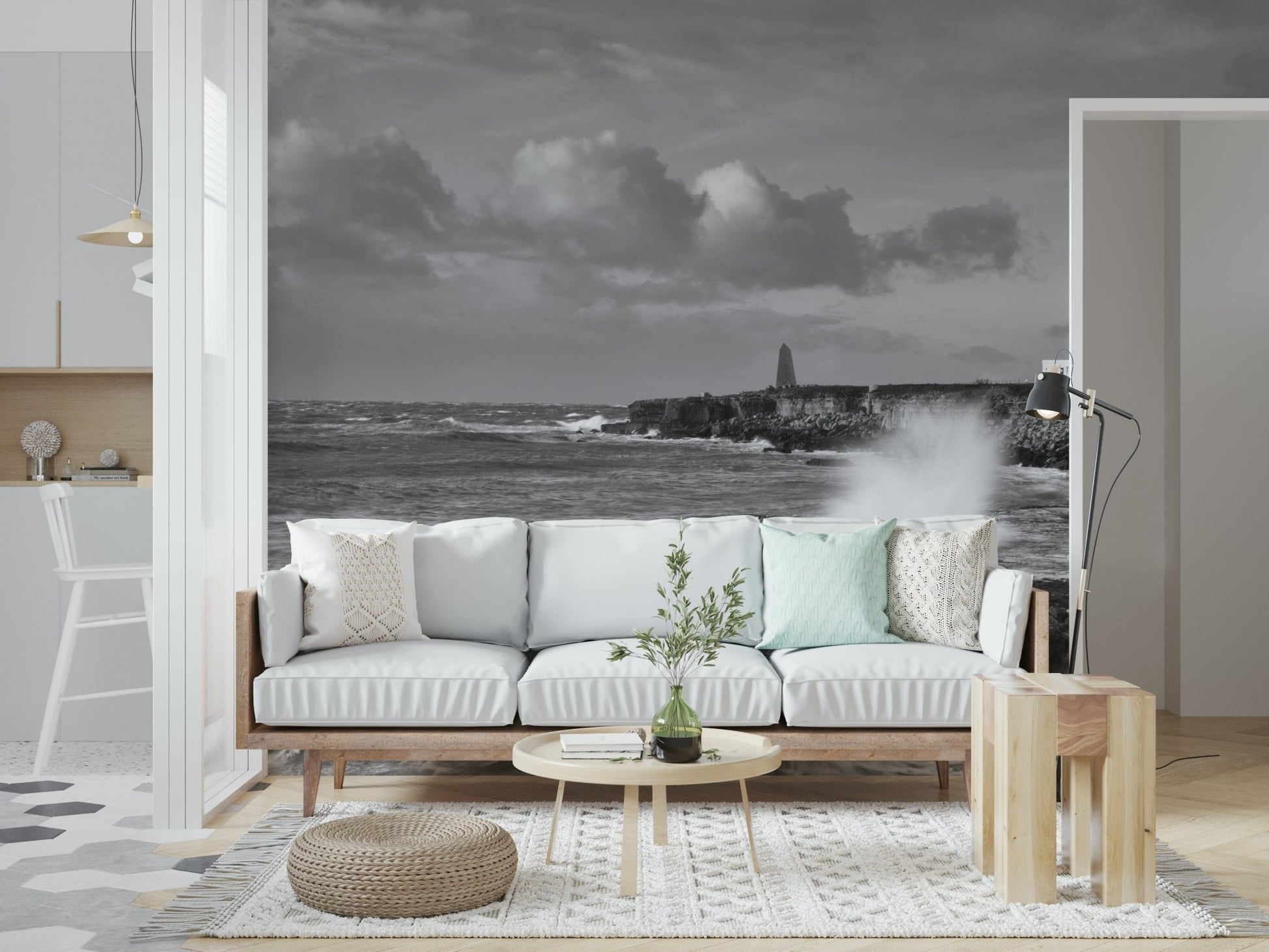 Beacon tower wall mural above rough waters
