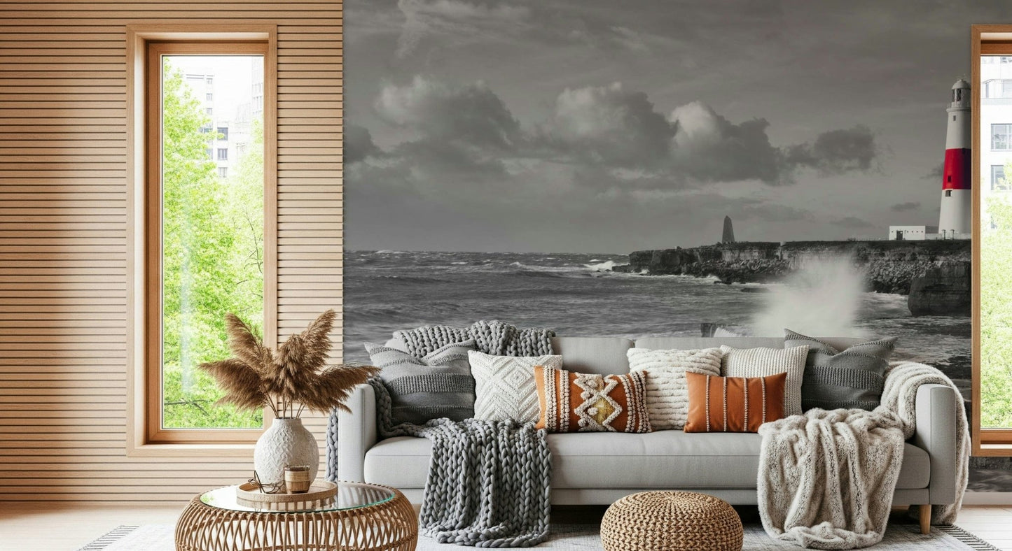 Red and white beacon wall mural by sea