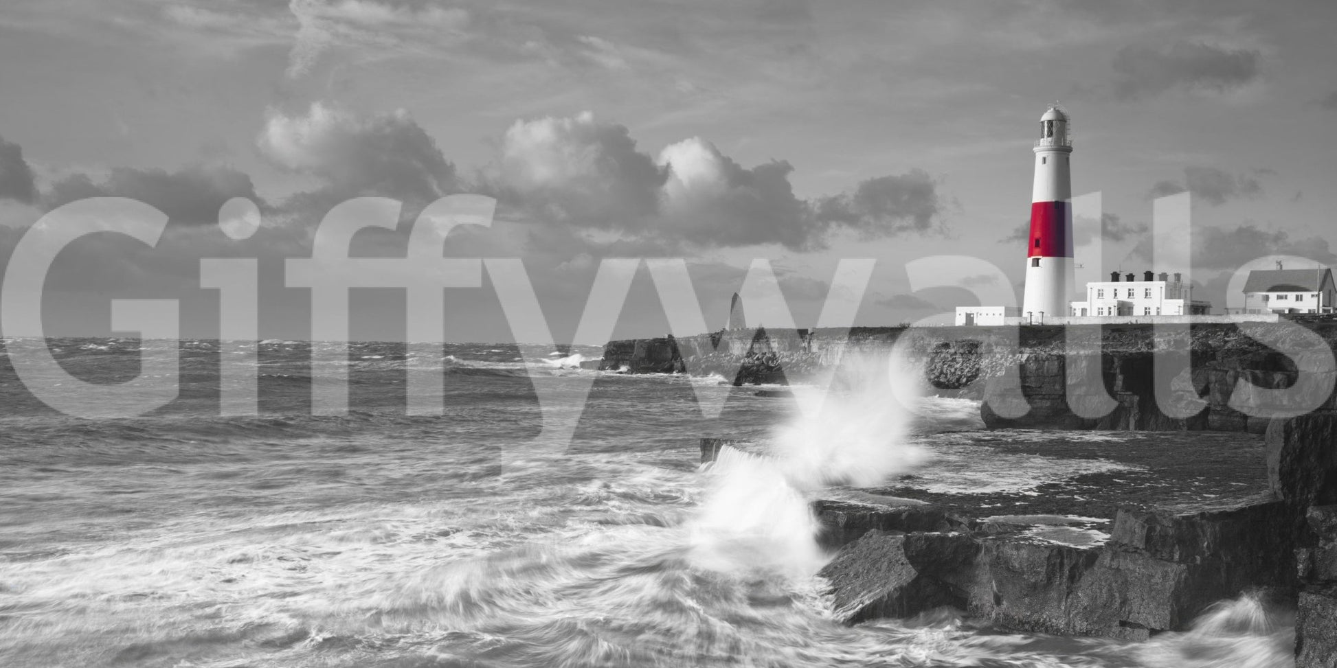 Black and white wall mural with lighthouse