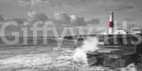 Black and white wall mural with lighthouse
