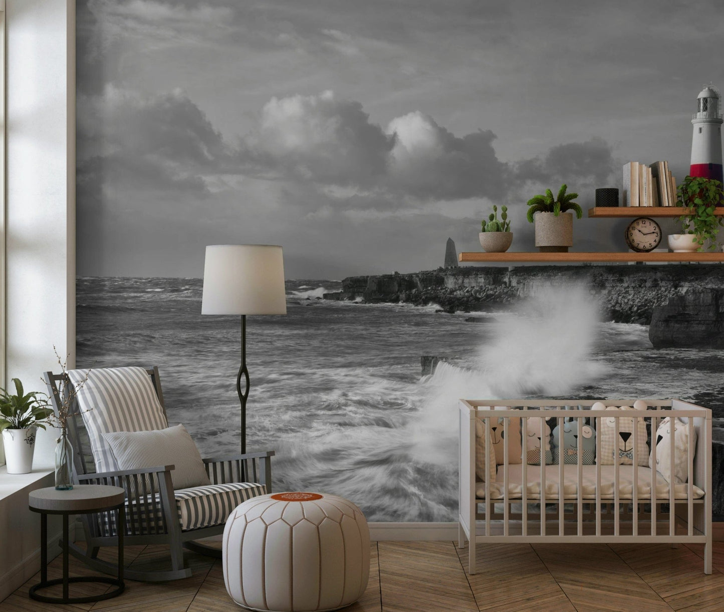 Stormy ocean wall mural with rocky shore