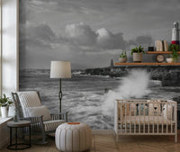 Stormy ocean wall mural with rocky shore