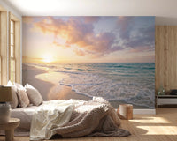 Displaying Coastal Serenity Sunset sandy shore wall mural