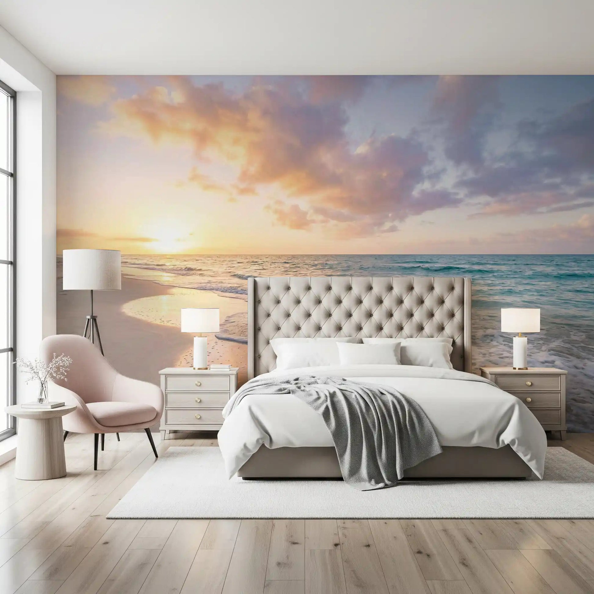 Featuring Coastal Serenity Sunset beach mural in bedroom