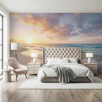 Featuring Coastal Serenity Sunset beach mural in bedroom