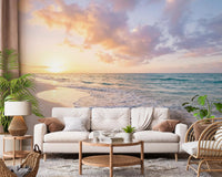 Capturing Coastal Serenity Sunset mural in living room