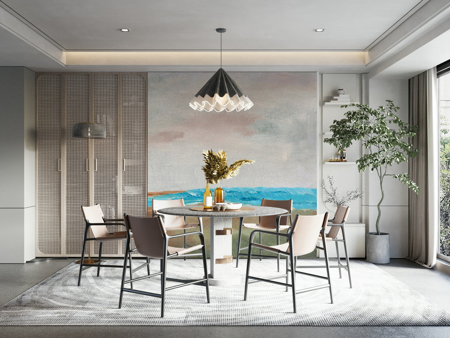 Minimalist ocean mural evoking coastal calm

