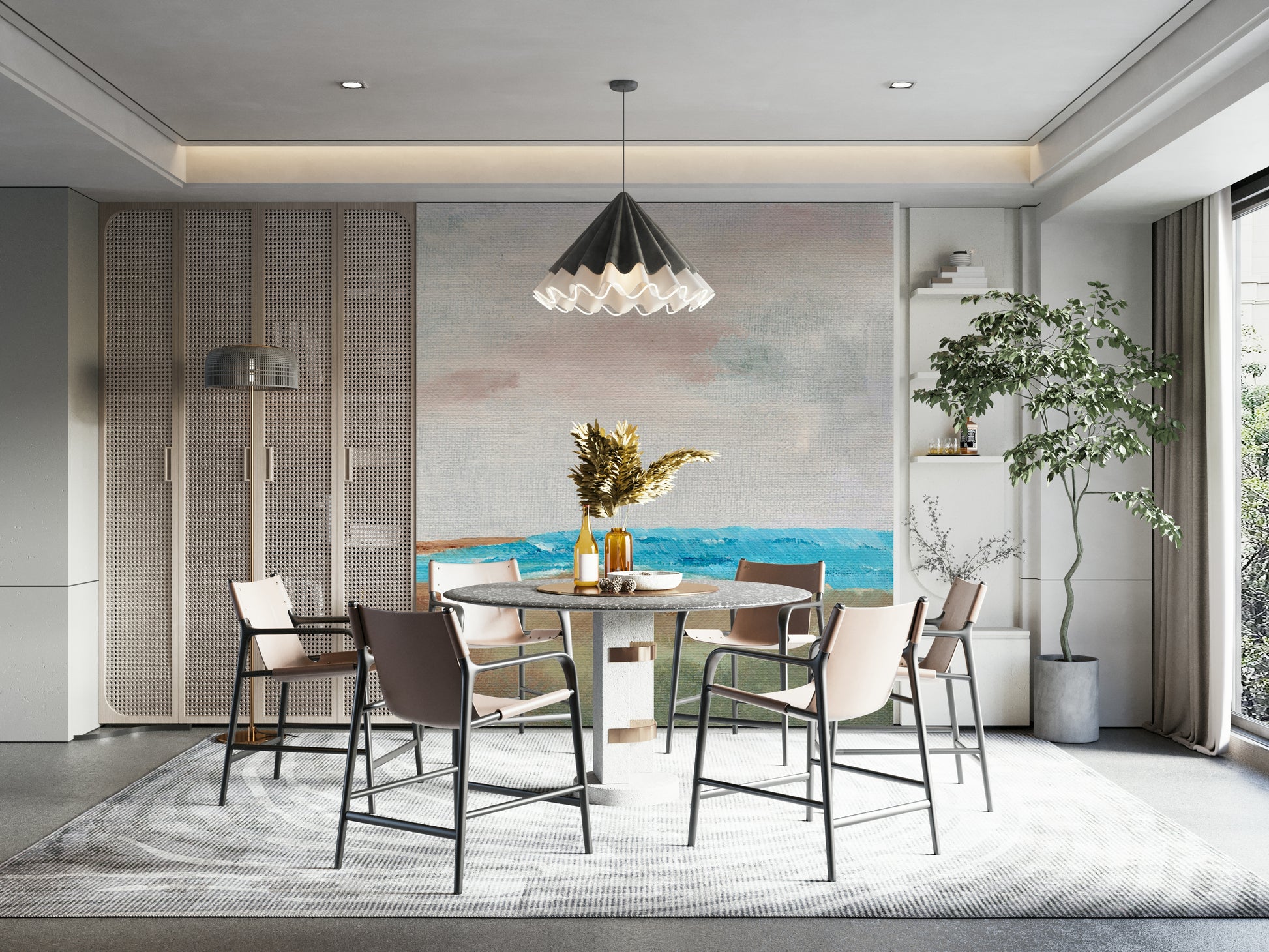 Minimalist ocean mural evoking coastal calm

