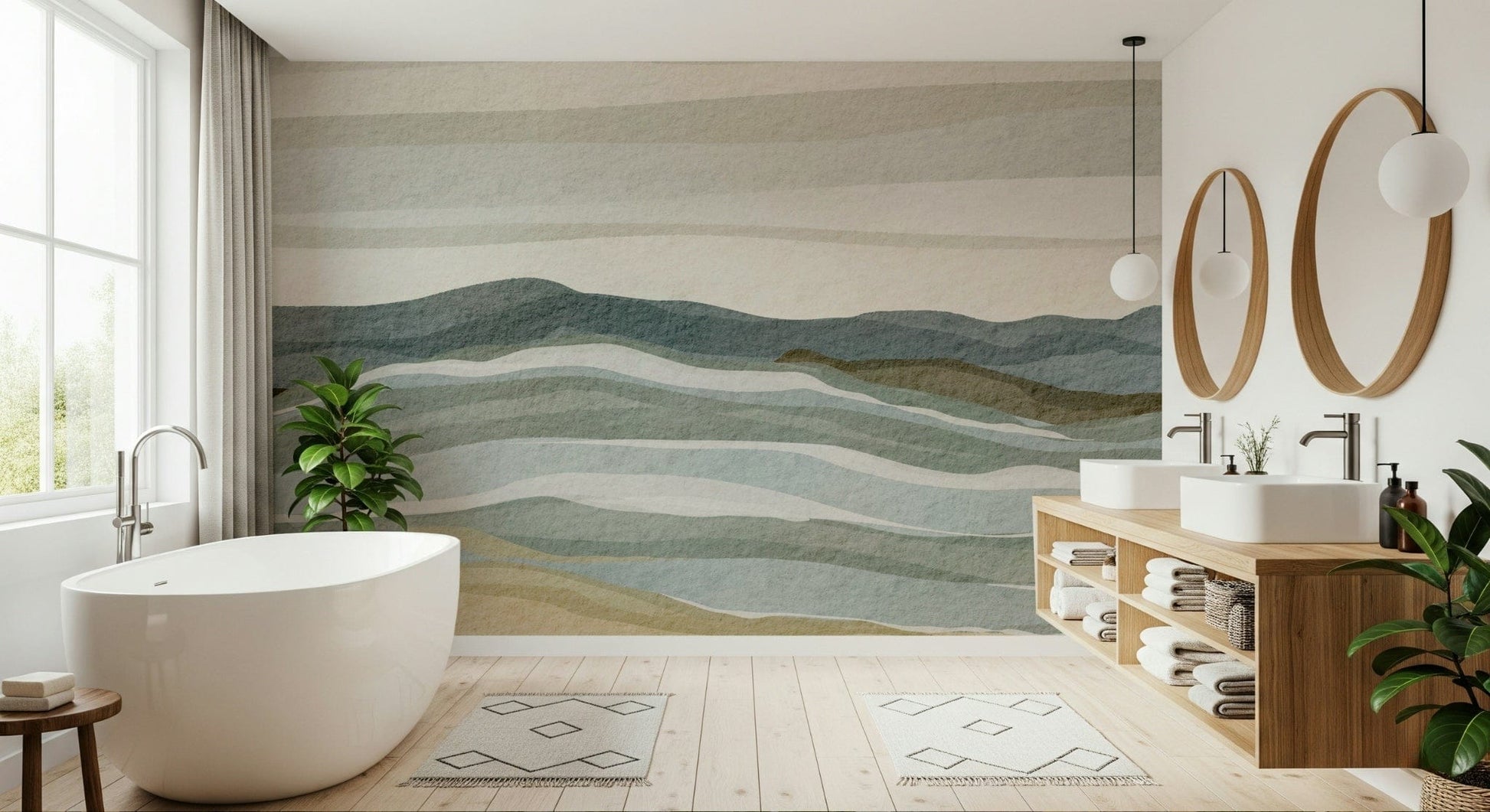 Muted Coastal Serenity panorama blending lavender bushes with marine horizon line.