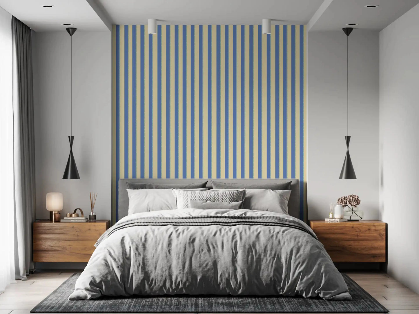 Coastal Stripes Wallpaper in a light blue color palette for a refreshing bedroom wall.