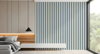 Symmetrical blue striped wallpaper providing a structured and calm wall display.