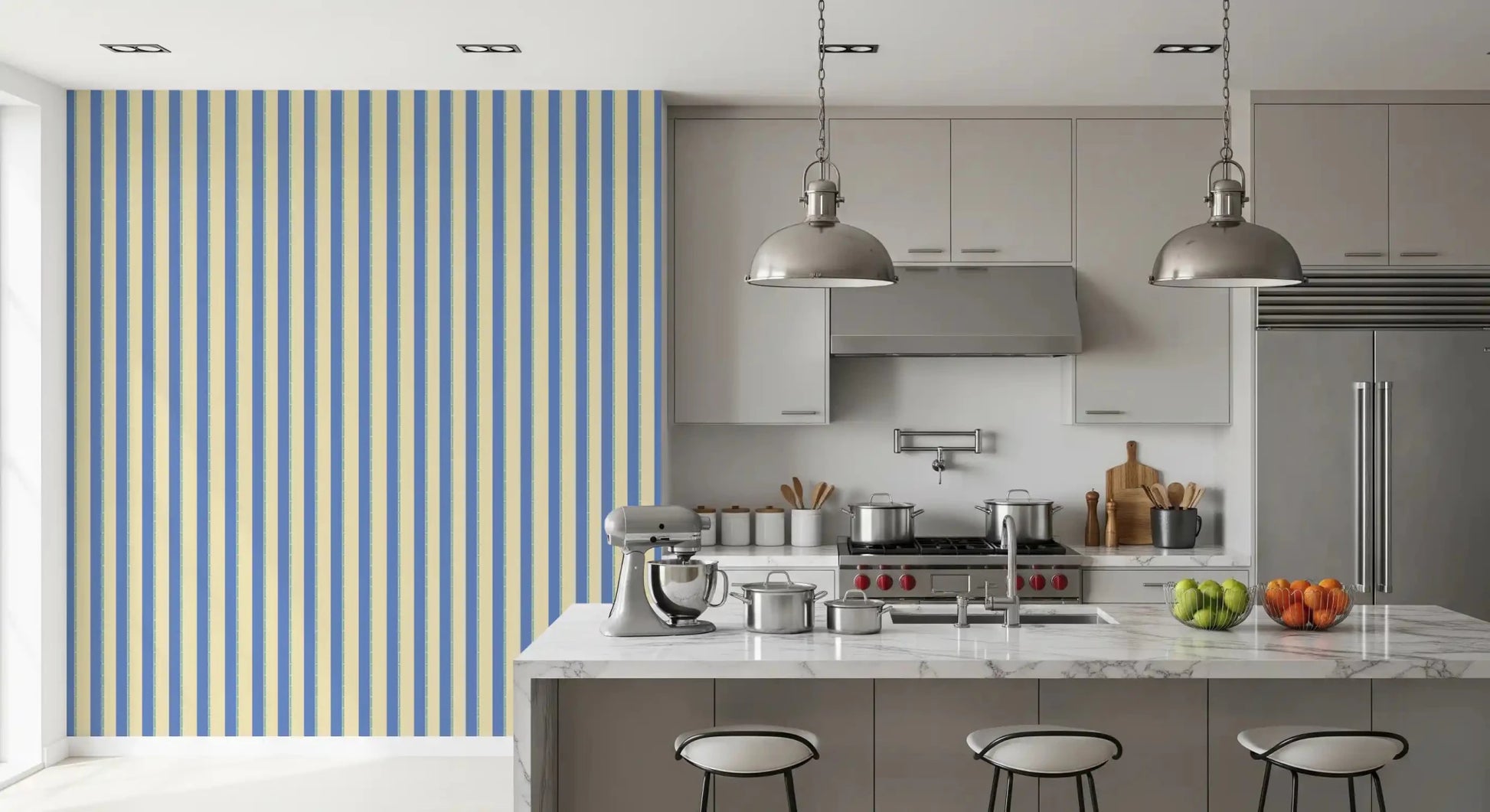 Nautical blue and beige striped wallpaper for dining area featuring a rhythmic linear design.