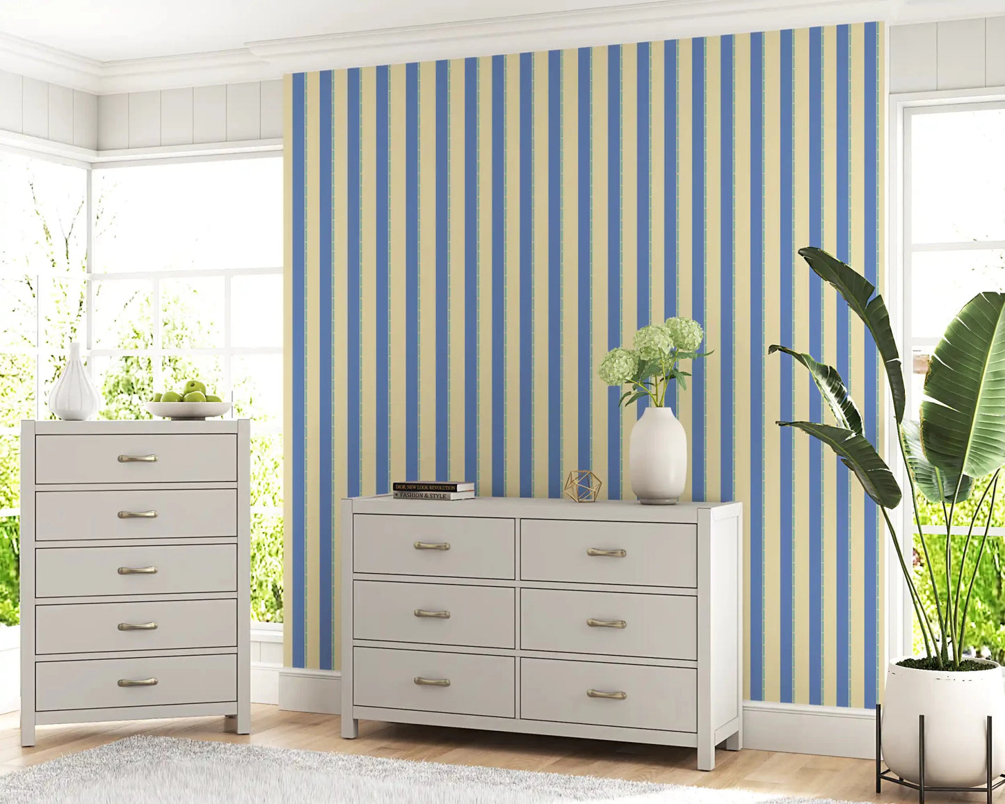 Coastal-themed blue stripe wallpaper for a bright and airy interior feel.