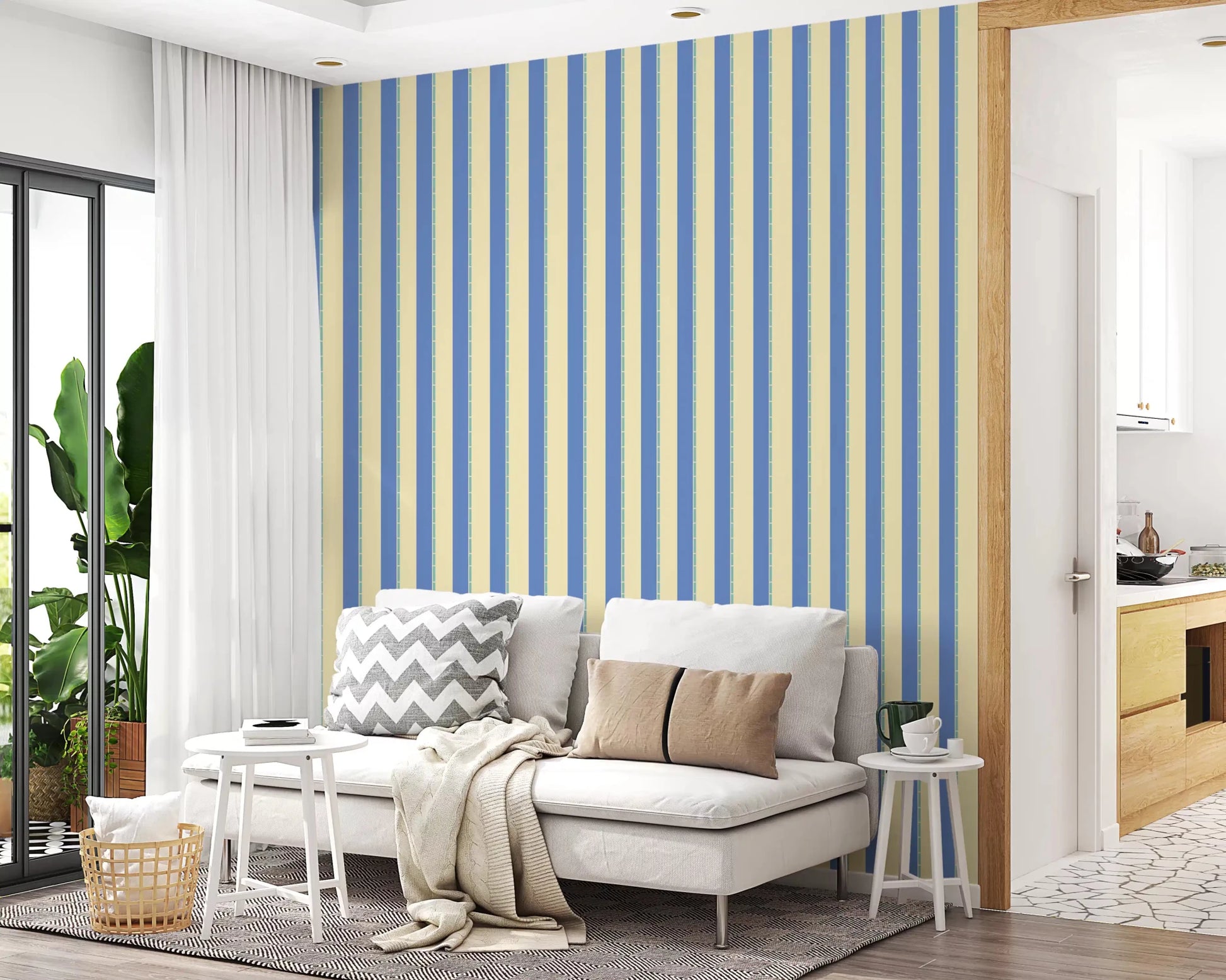 Durable blue and cream striped wallpaper for a long-lasting feature wall.