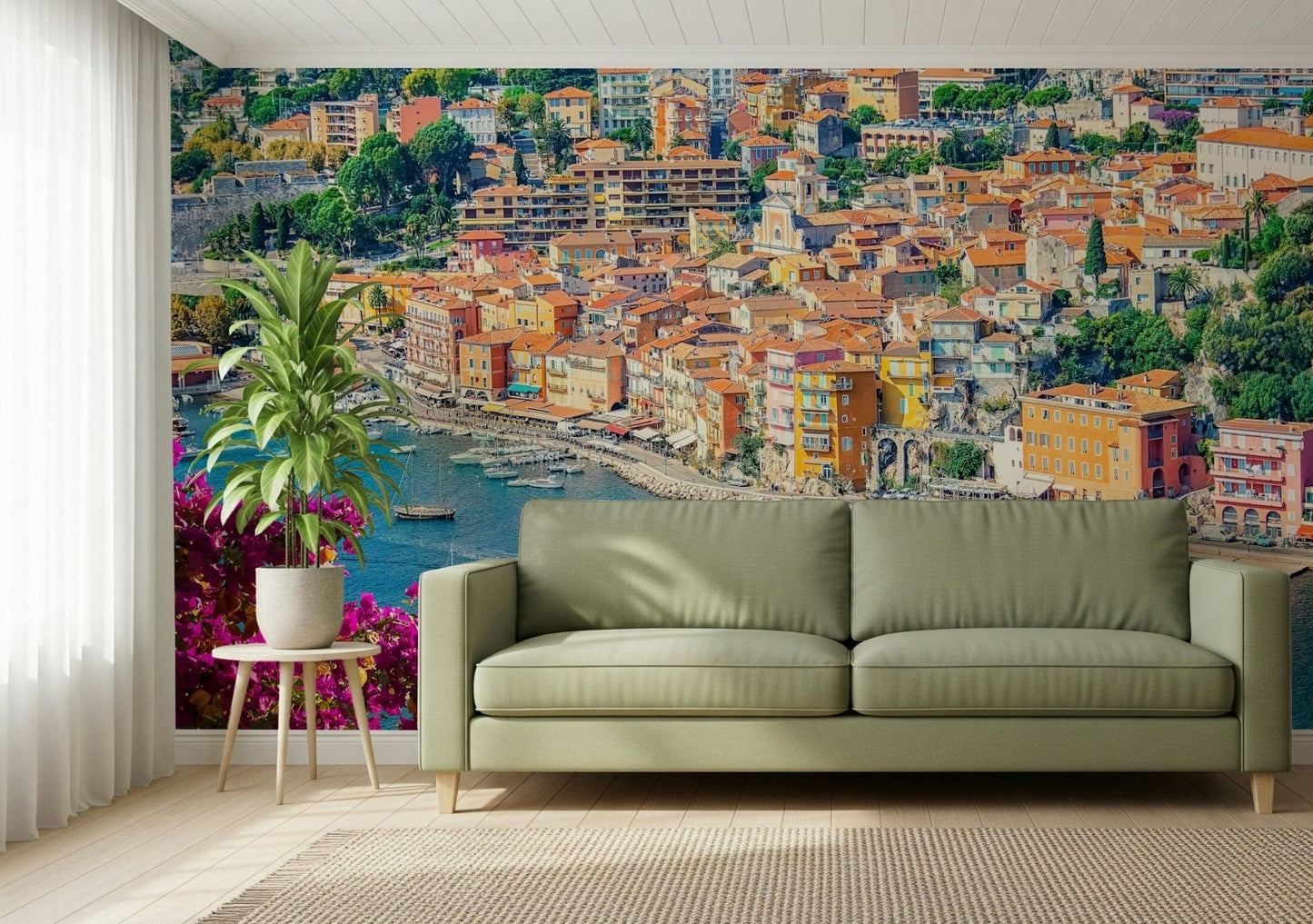 Seaside Italian town wall mural bright buildings ocean view.