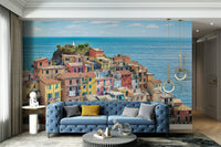 A calming serene village wallpaper mural that defines a space.

