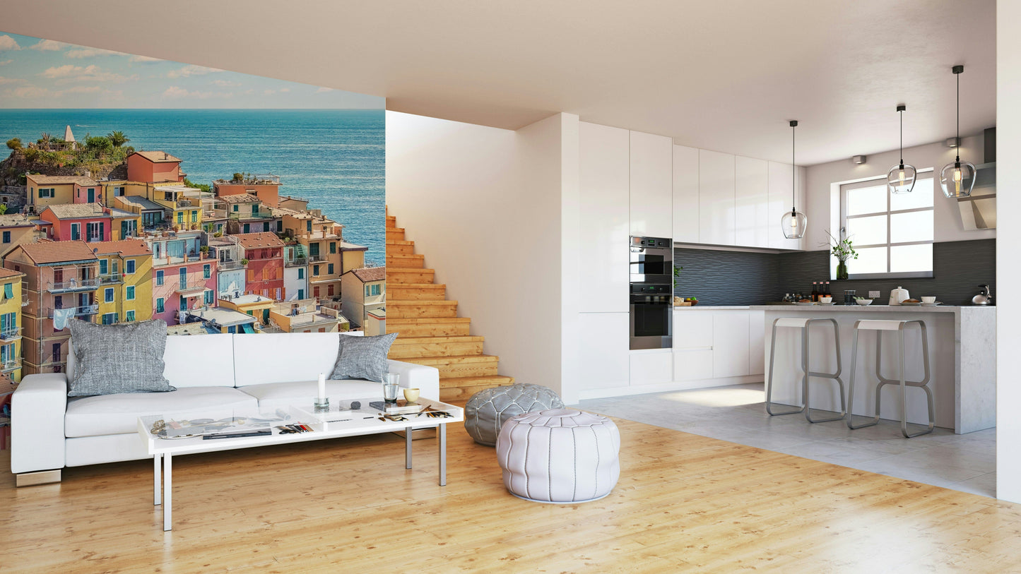 A peaceful waterfront view mural on decorative wallpaper.

