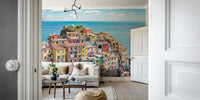 An artistic charming village mural on scenic wallpaper.

