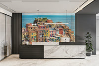 A beautiful coastal village wallpaper mural with quaint houses.

