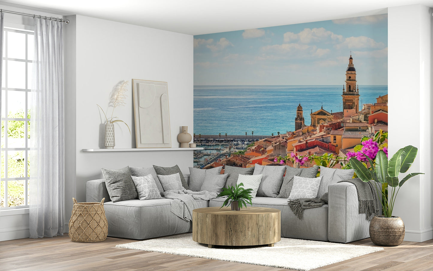 Warm pastel buildings on a Mediterranean Village wallpaper.