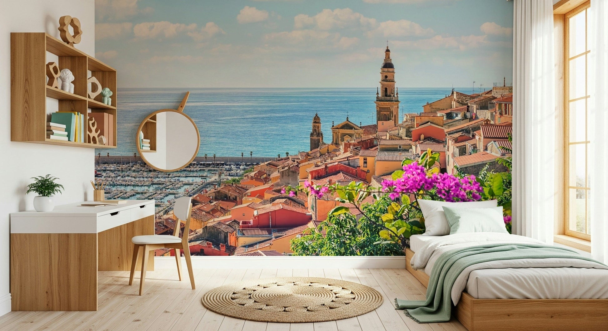 Vibrant bougainvillea framing a sunny Mediterranean Village wallpaper.