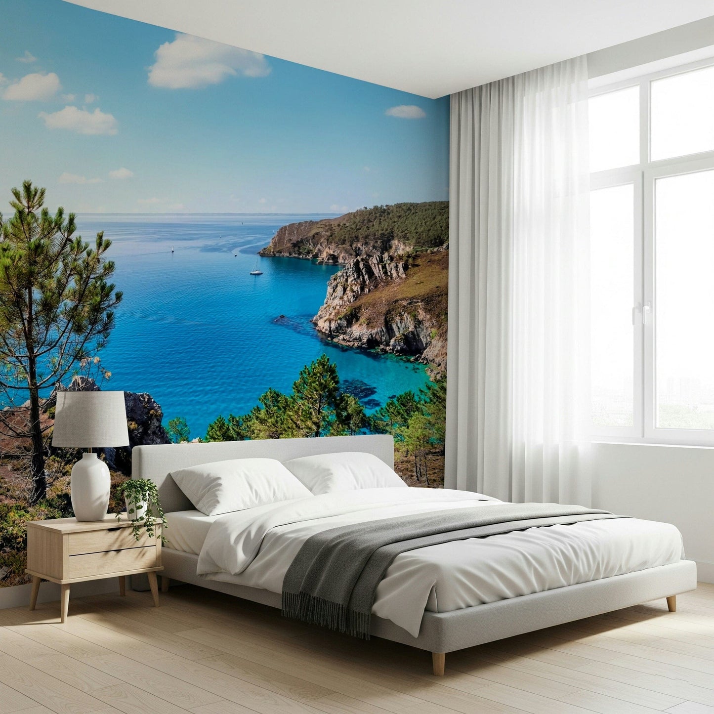 Detailed coastal mural: green color vegetation, sea wallpaper waterline, mountain wallpaper distance