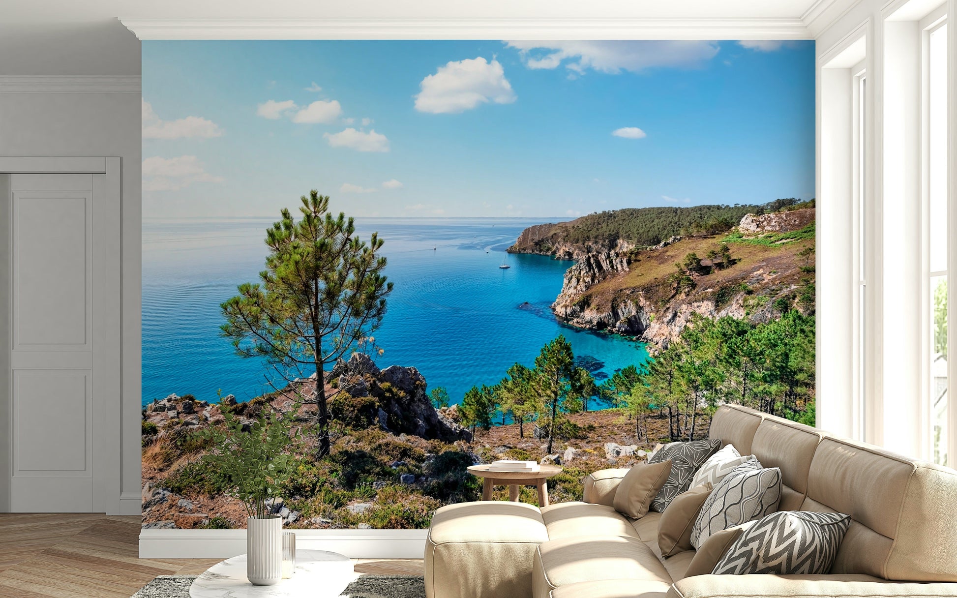 Brittany Vista Wall Mural featuring ocean wallpaper shoreline and green color textures