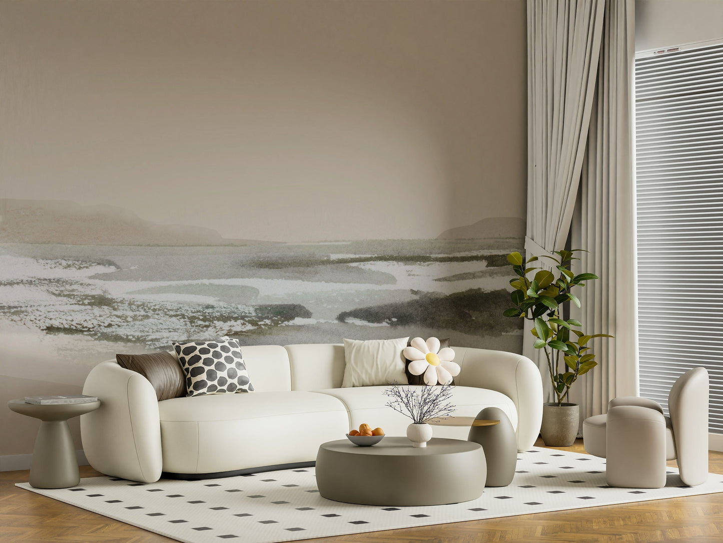 A graceful subtle pattern wall mural in cool, tranquil tones.
