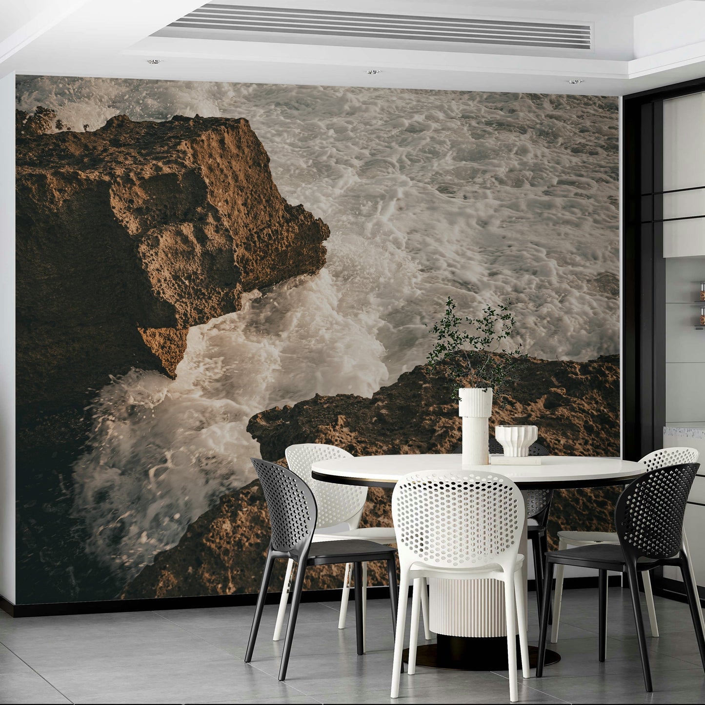 A high-angle view of the wall mural with natural light.

