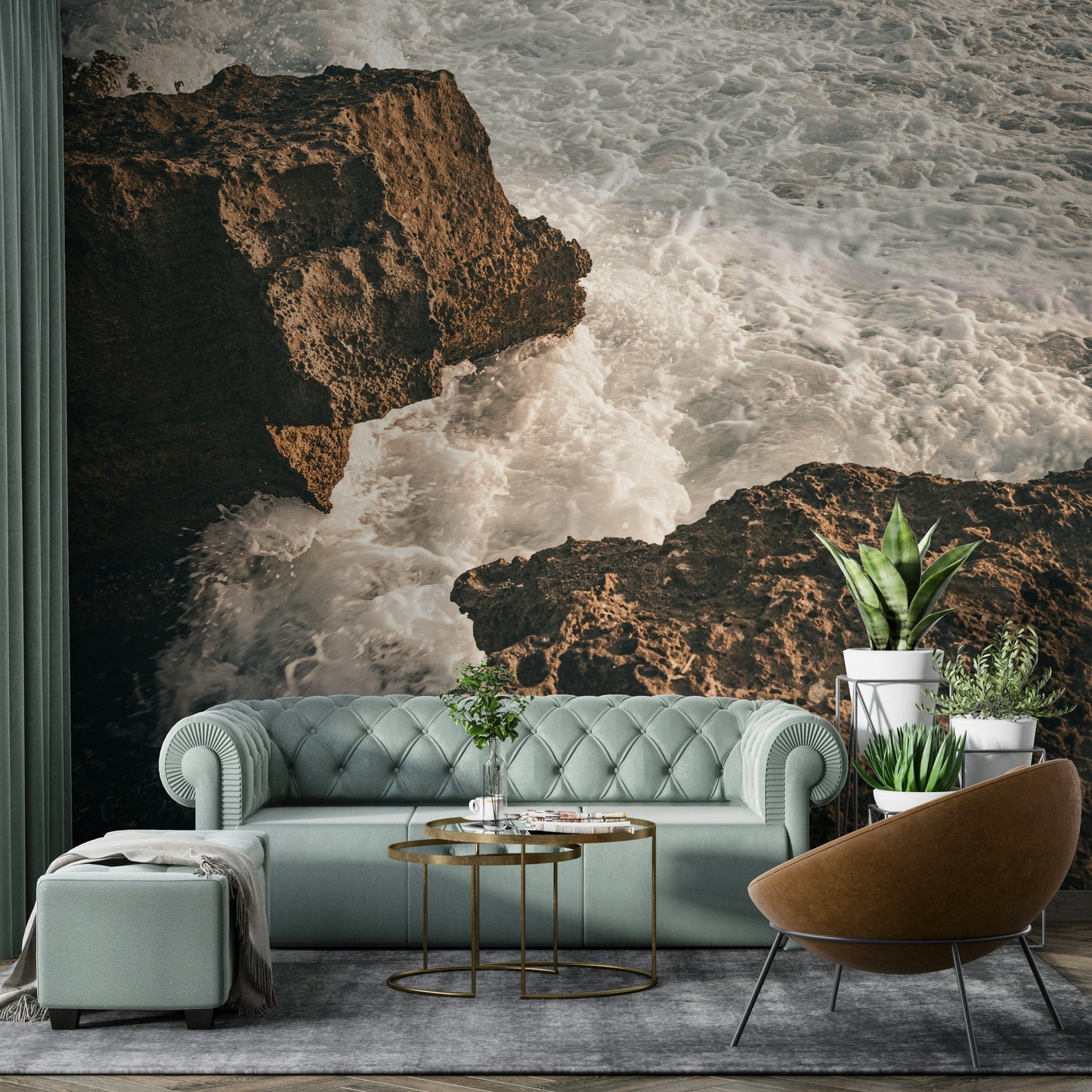 A beautiful rocky coastline with crashing waves.

