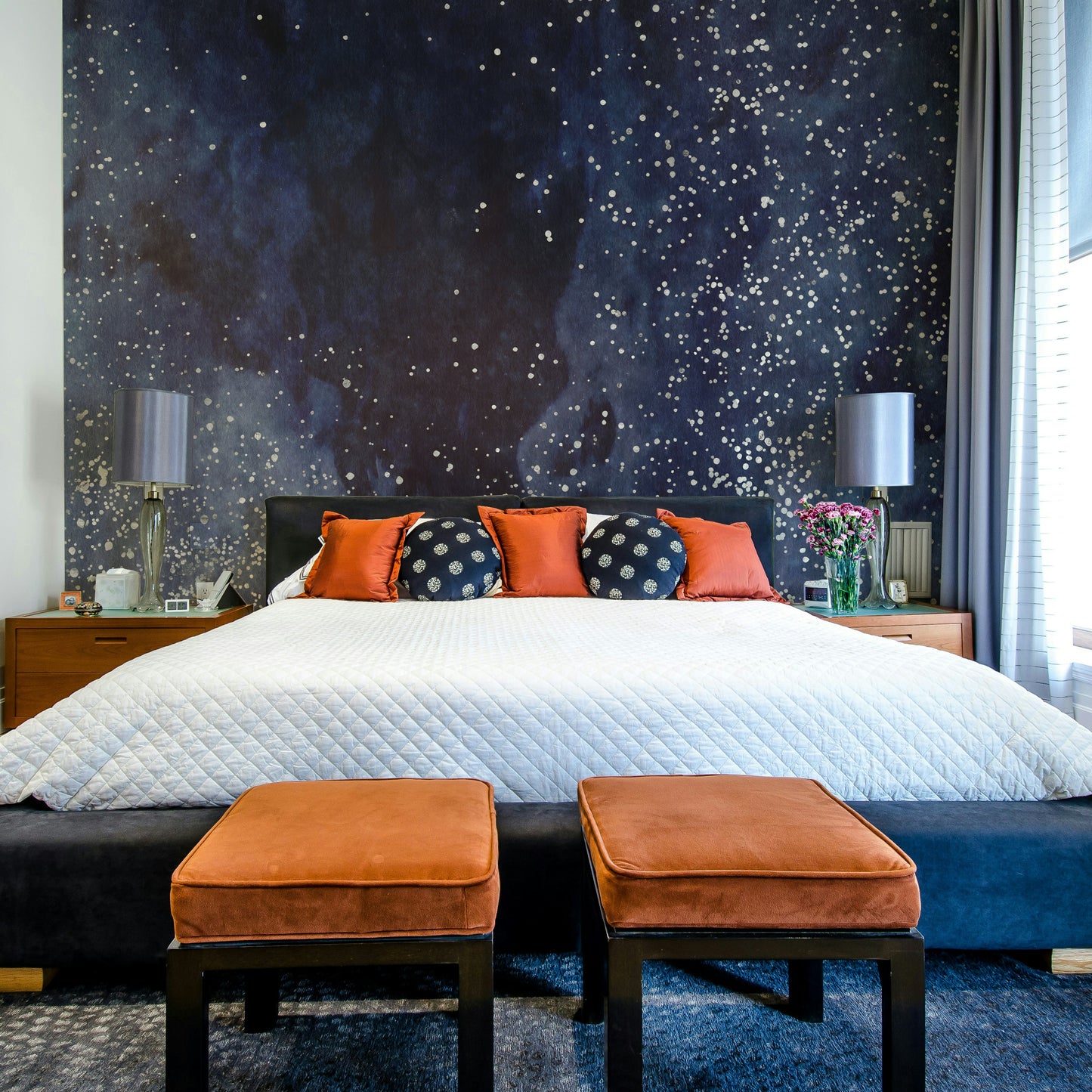 Deep blue and starry cobalt galaxy mural for bedrooms or living rooms.

