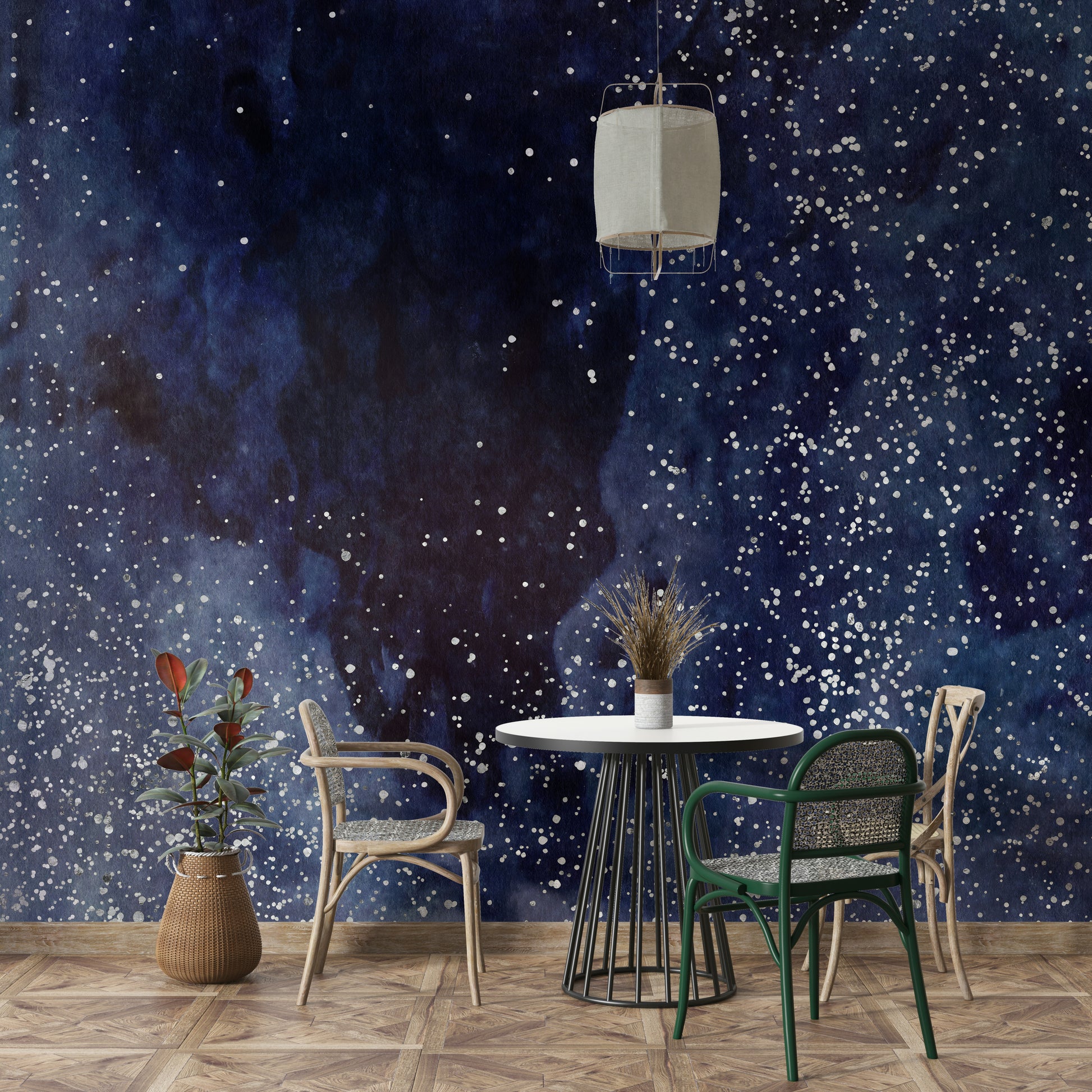 Cobalt Galaxy mural wallpaper with shimmering stars and cosmic design.

