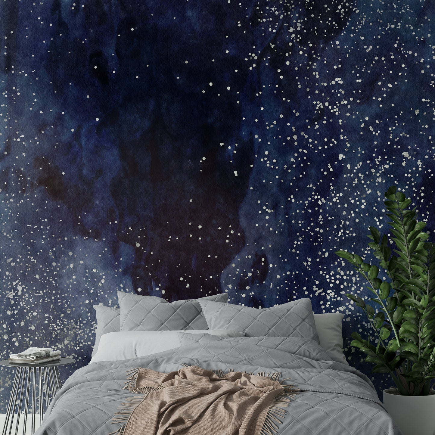 Stunning starry night sky in cobalt blue mural for modern spaces.

