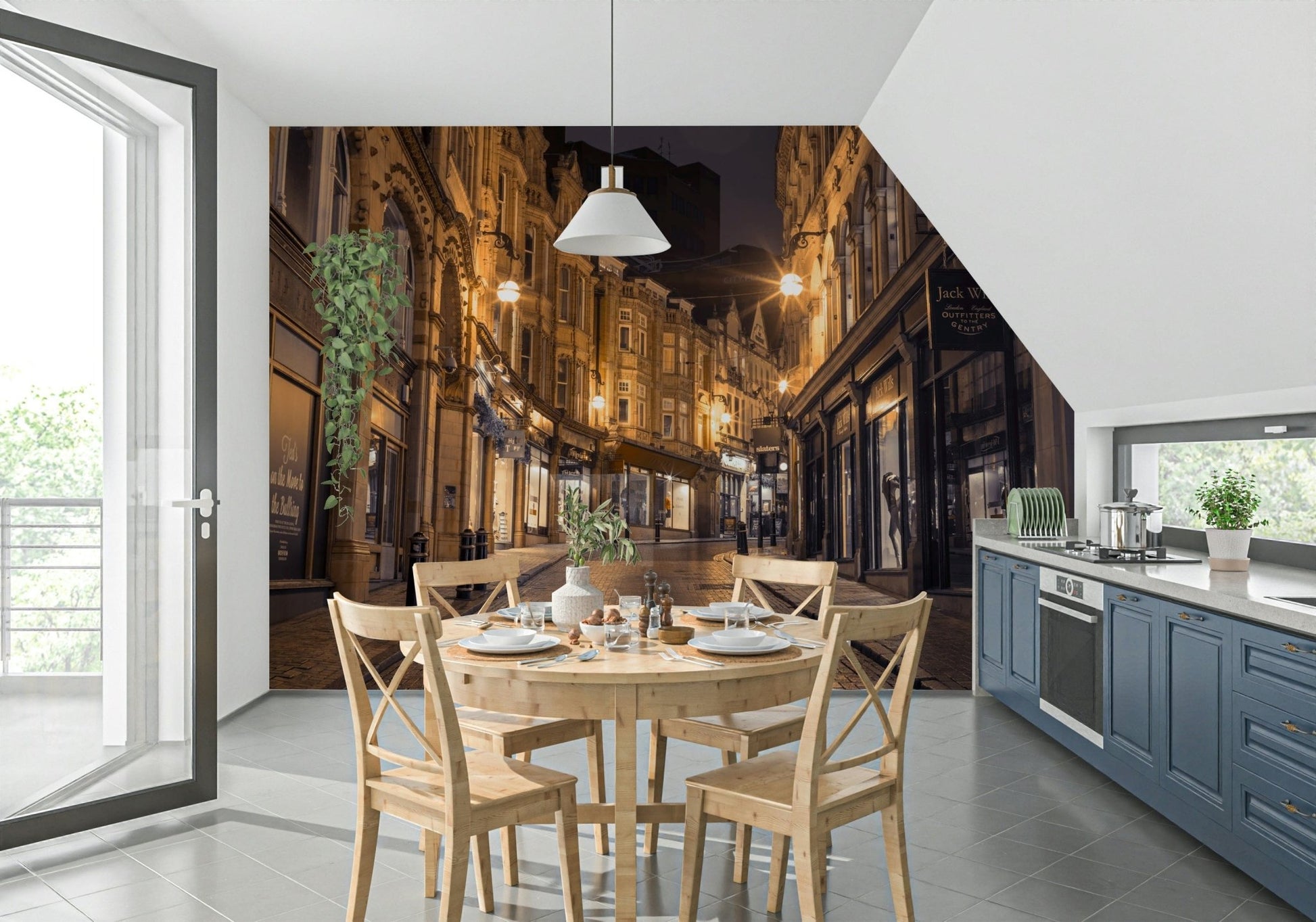Cobblestone Street Nights wallpaper mural by a wood dining table and blue cabinet kitchen