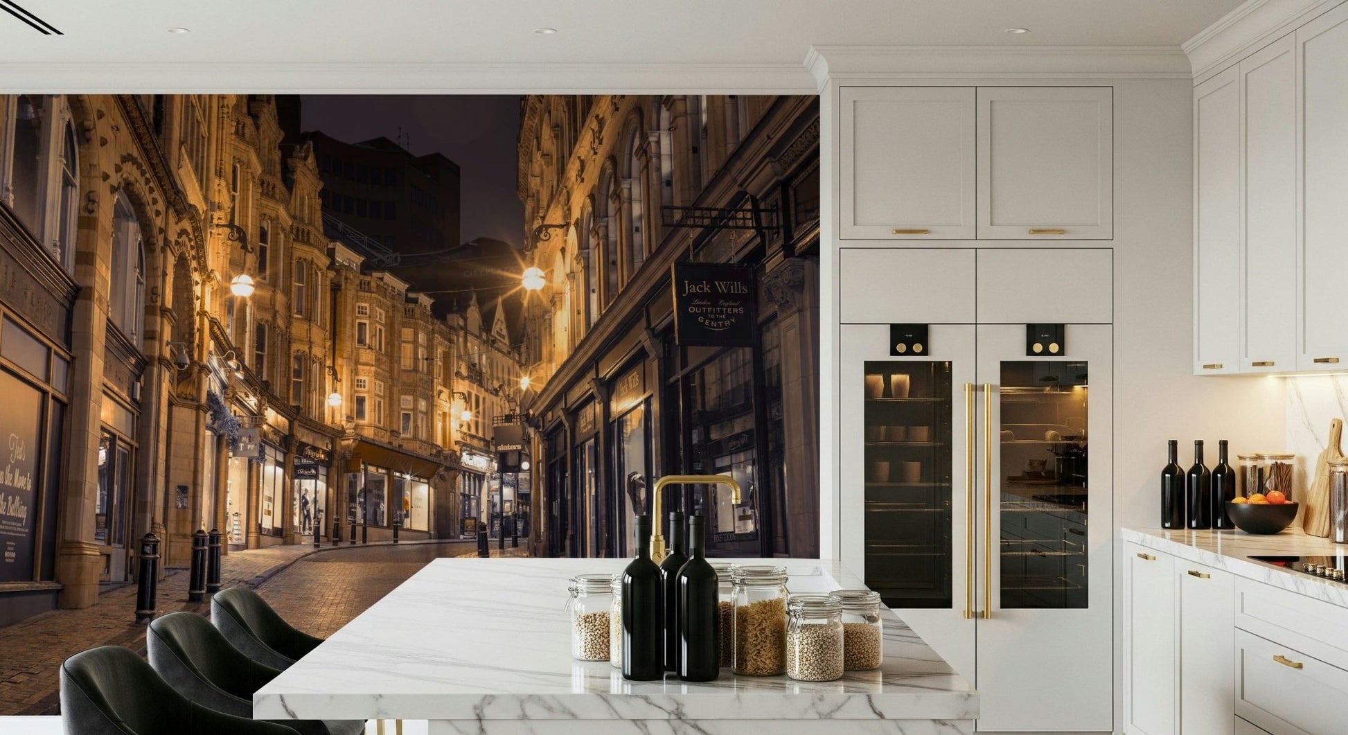Cobblestone Street Nights wallpaper mural in a white kitchen with a marble island and black bar stools