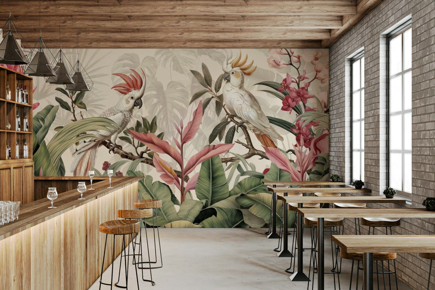 The mural gives the illusion of a window looking out onto a beautiful jungle.
