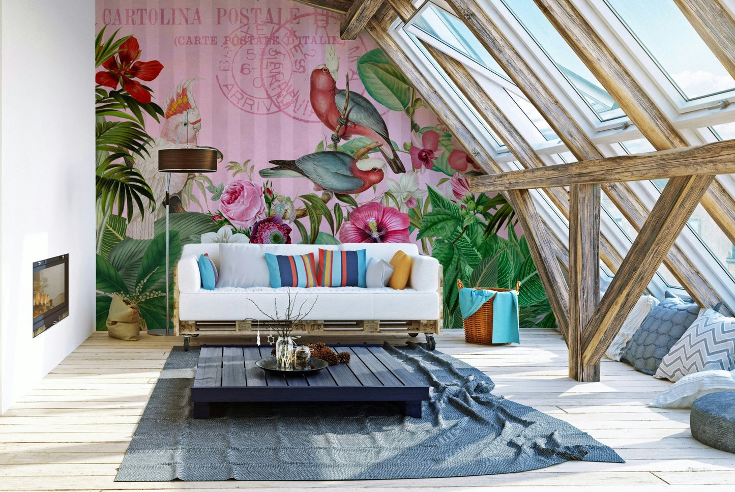 Tropical mural wallpaper with cockatoos and flowers

