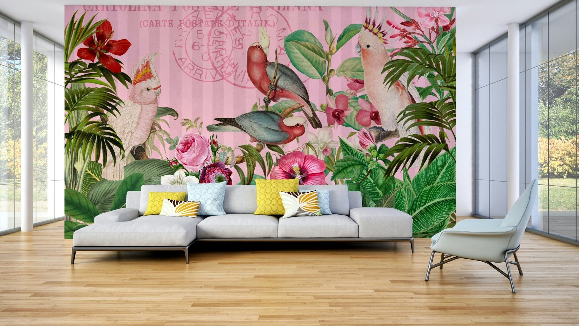 Jungle-inspired mural with vibrant green leaves

