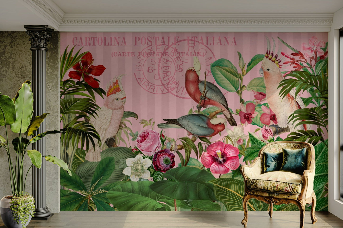 Nature-themed wall mural in bright tones

